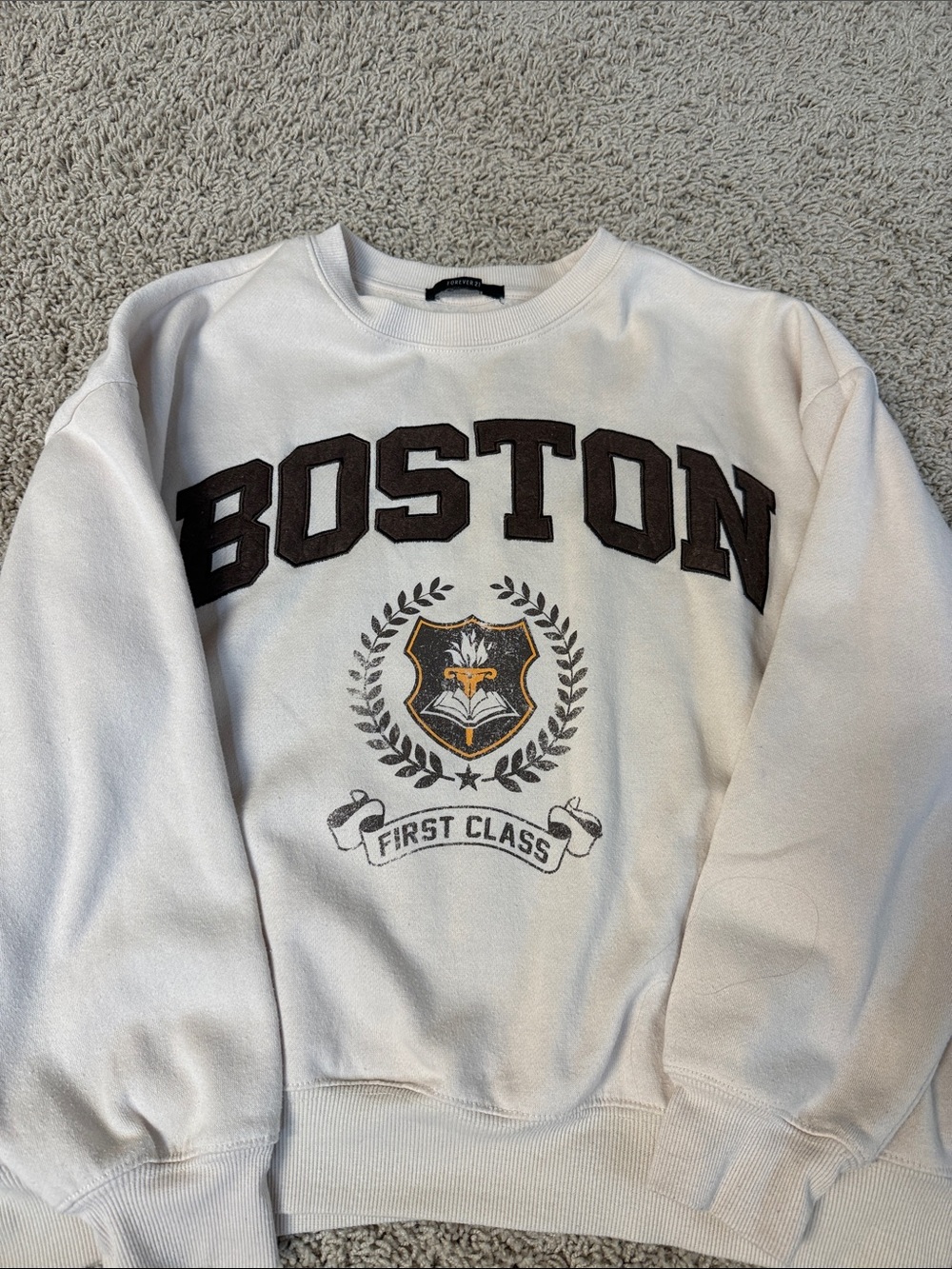Forever 21 Cream Sweatshirt with Brown Boston Graphic